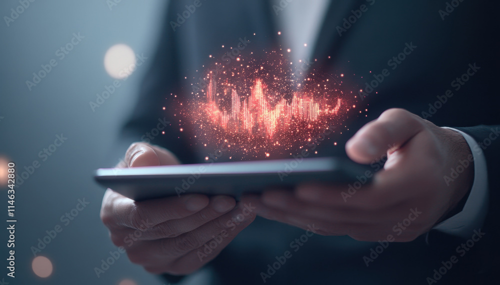 Poster professional businessman using tablet with holographic display, showcasing data visualization and te
