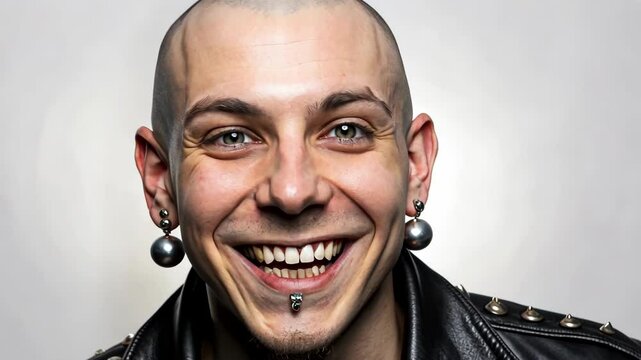 Smiling man with bold piercings and a confident look, showcasing individuality and alternative style. 4K video