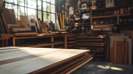 Wooden planks resting on table in blurred workshop background