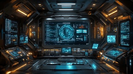 Spaceship Bridge Command Center: Futuristic spaceship interior, detailed control panels, holographic displays, digital interface, sci-fi technology, spaceship bridge, immersive environment, high-tech.