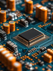 Close-Up View of Microchip and Circuit Board with Orange Accents