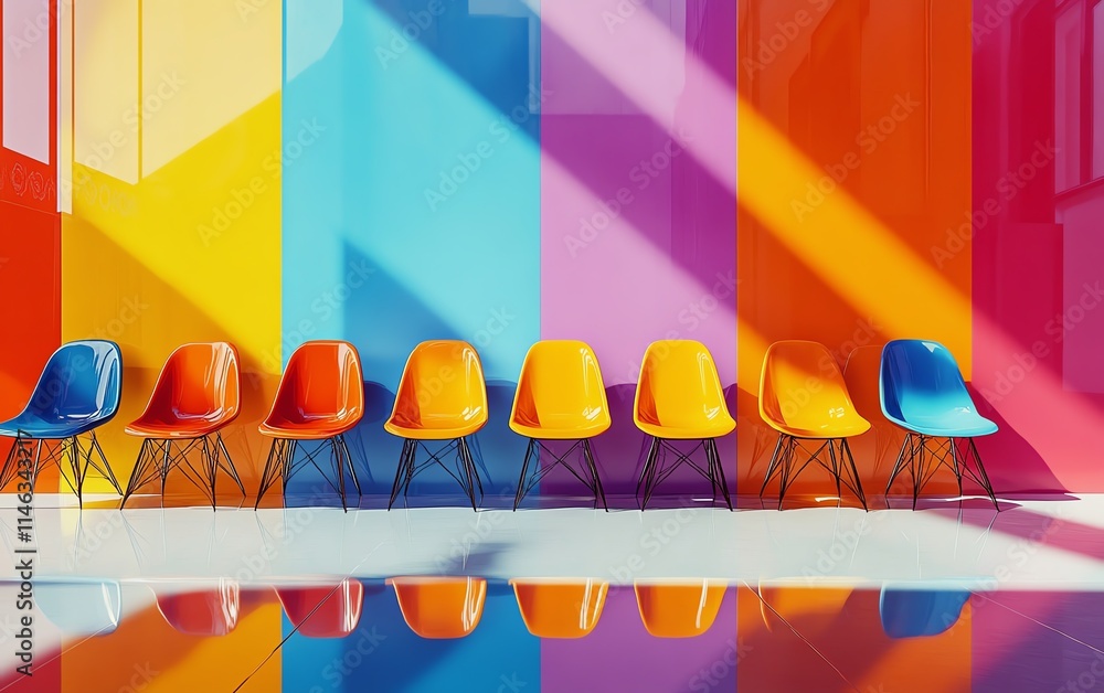 Poster a group of colorful chairs set against a vibrant, abstract wall, featuring fluid lines and dynamic c