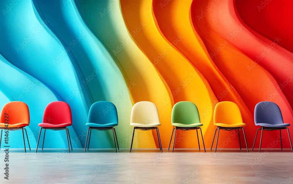 Poster a group of colorful chairs set against a vibrant, abstract wall, featuring fluid lines and dynamic c