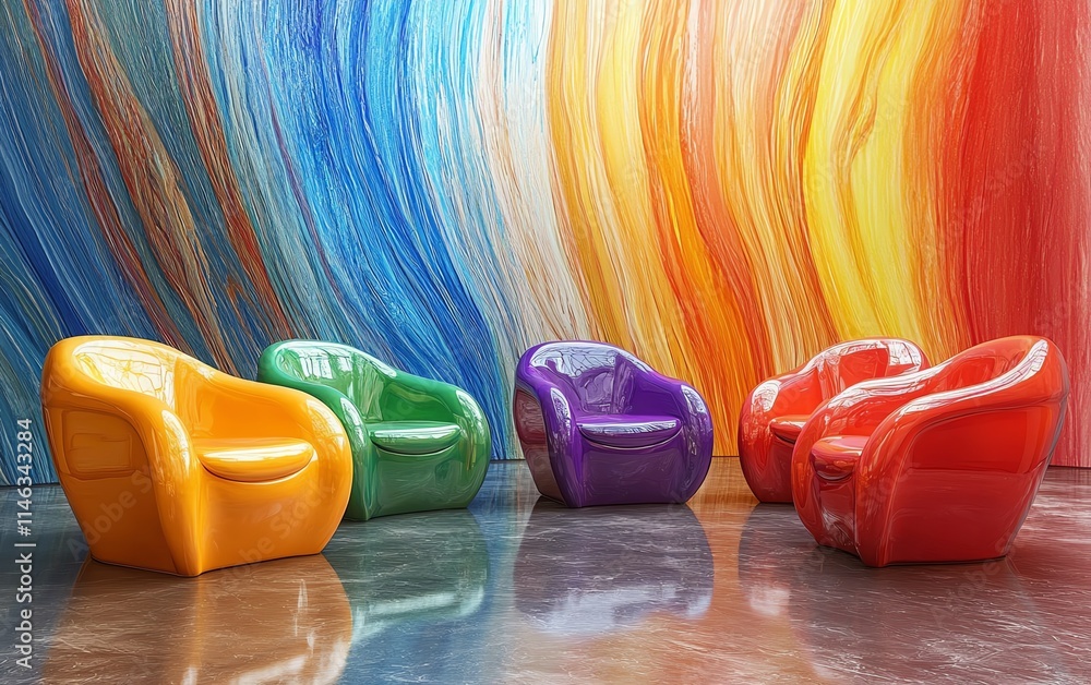 Poster a group of colorful chairs set against a vibrant, abstract wall, featuring fluid lines and dynamic c