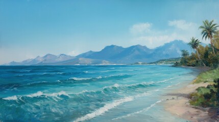 Calm ocean in a sandy beach surrounded by lush green trees in an island