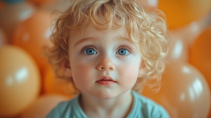 Fototapeta premium A young child with curly hair surrounded by orange balloons, capturing a joyful moment.