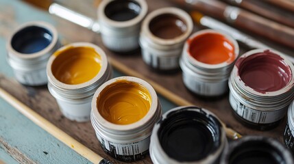 Colorful gouache pots and paintbrushes resting on wooden artist's palette