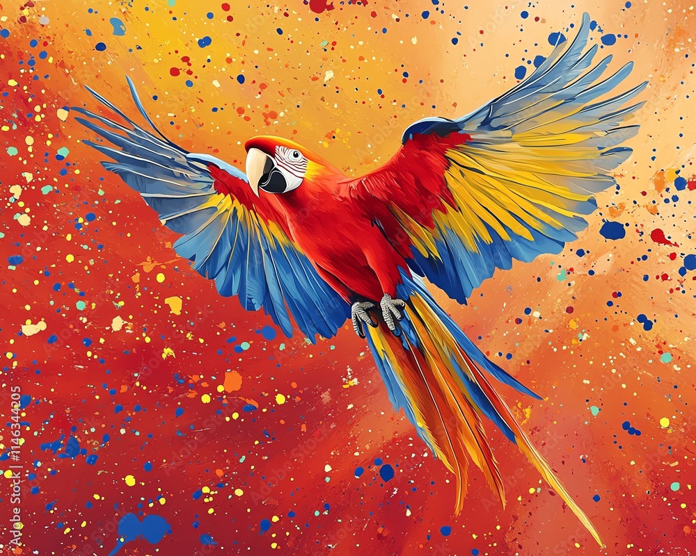 Poster a macaw in flight with radiant feathers and vibrant paint splatter effects in the background, bold c