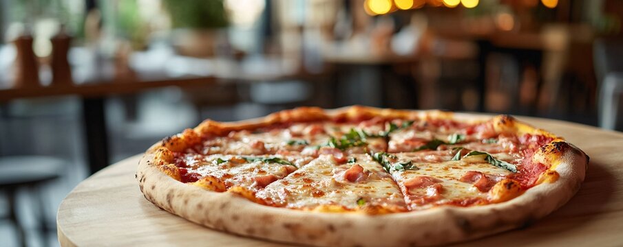 Delicious pizza with ham and basil resting on wooden surface in restaurant setting
