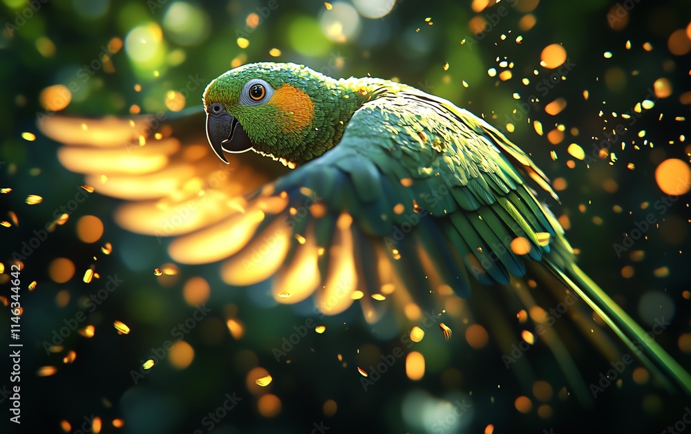 Poster a parrot in flight with colorful particles flying around it, forming a stunning and energetic visual