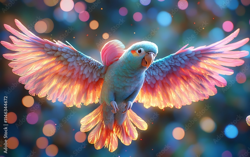 Poster a parrot in flight with colorful particles flying around it, forming a stunning and energetic visual