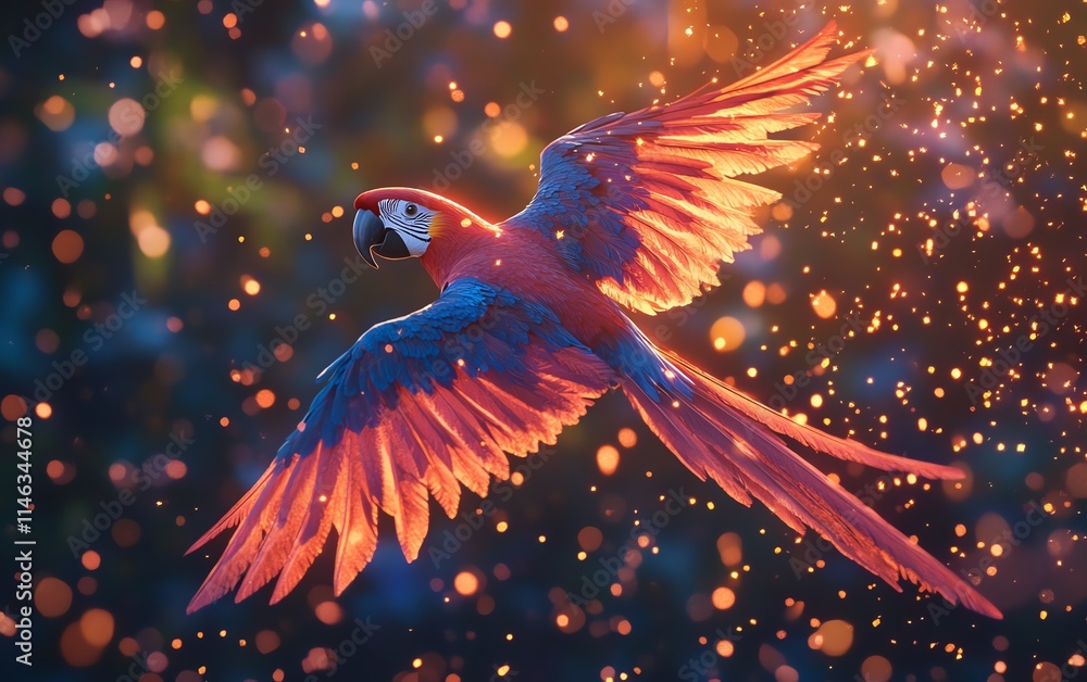 Poster a parrot in flight with colorful particles flying around it, forming a stunning and energetic visual