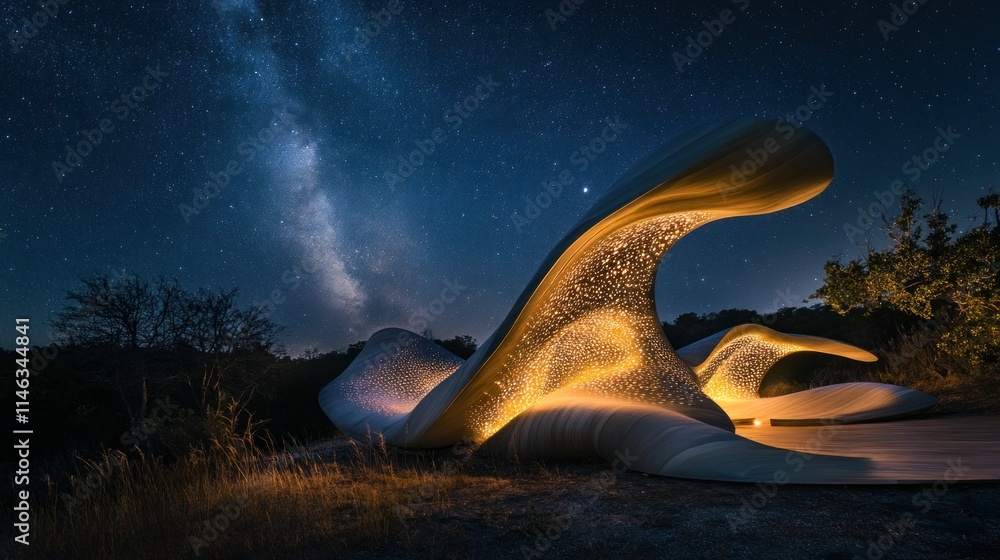 Poster A futuristic structure illuminated under a starry sky, blending with nature.