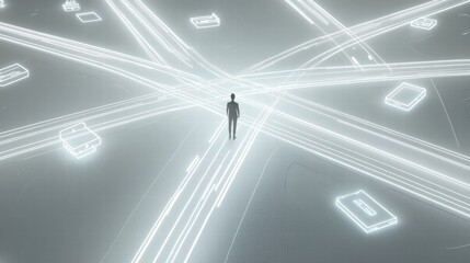 Naklejka premium Futuristic crossroads glowing paths of technology icons