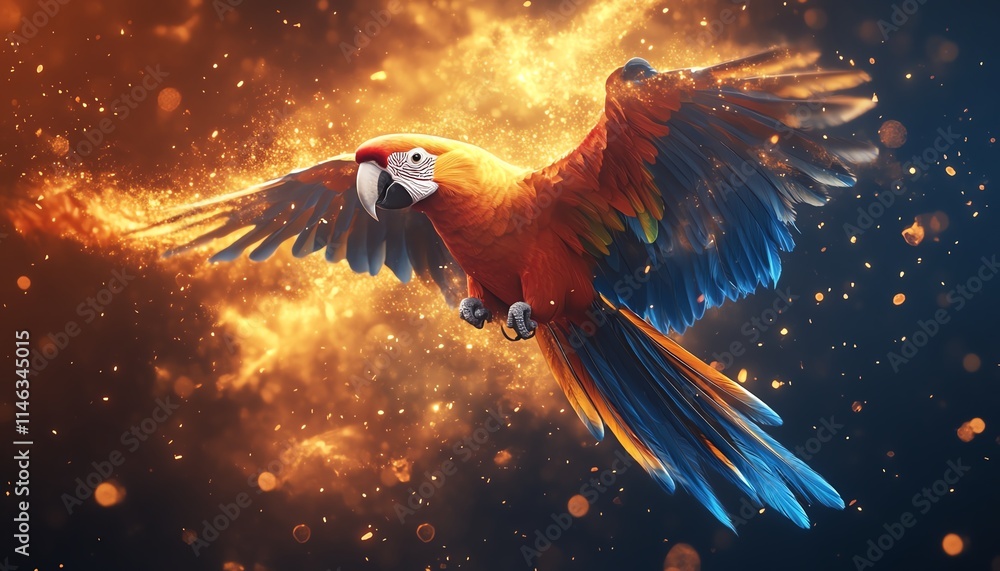 Poster a radiant parrot flying through a cloud of colorful particles, dynamic movement and vibrant energy f
