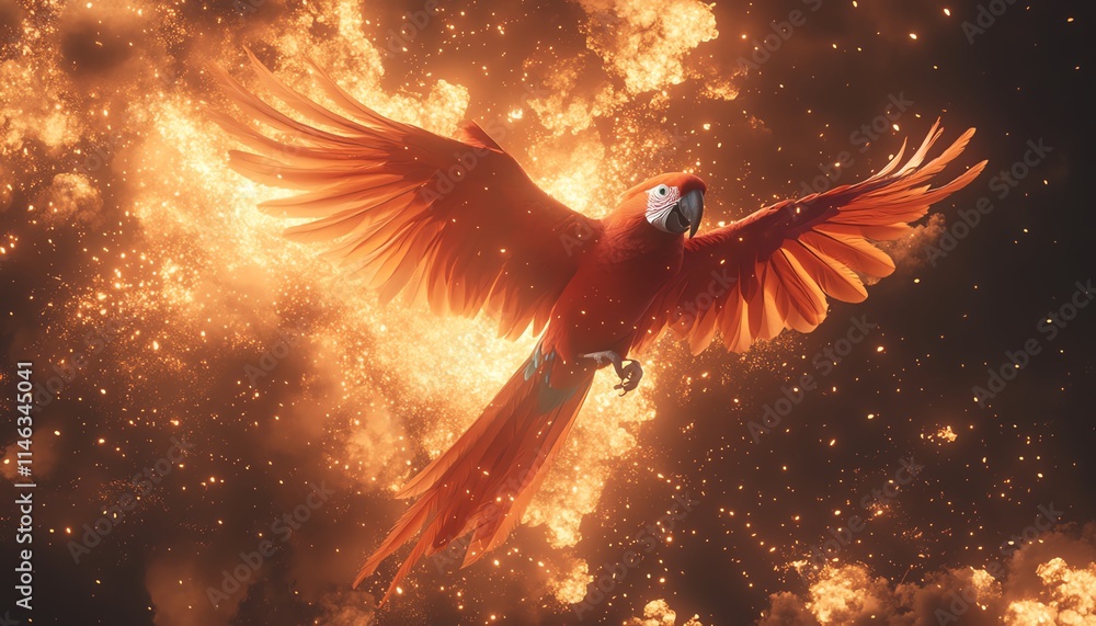Poster a radiant parrot flying through a cloud of colorful particles, dynamic movement and vibrant energy f