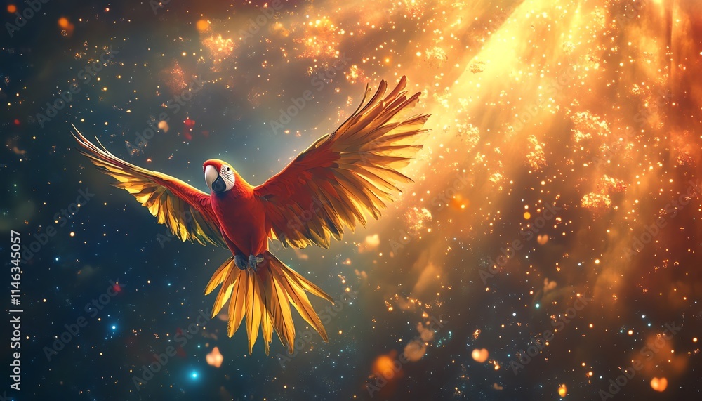 Poster a radiant parrot flying through a cloud of colorful particles, dynamic movement and vibrant energy f