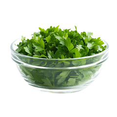 Front view of Japanese parsley in a small glass bowl isolated on a white transparent background