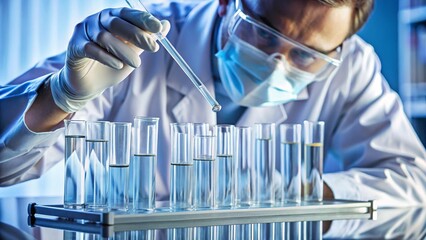 Scientist using pipette to add liquid to multiple transparent test tubes in laboratory setting

