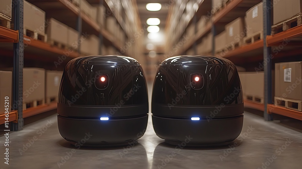Poster autonomous warehouse robots: two sleek, black robots navigate a modern warehouse aisle, showcasing a