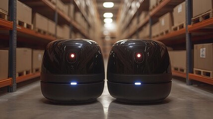 Autonomous Warehouse Robots: Two sleek, black robots navigate a modern warehouse aisle, showcasing automated efficiency and technological advancement in logistics.  