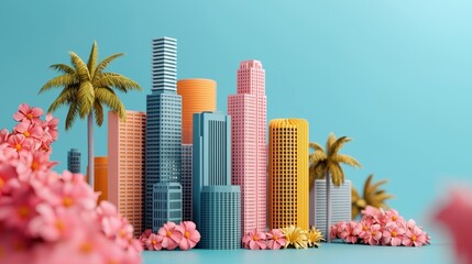 Colorful Cityscape with Flower Accents and Palm Trees Design