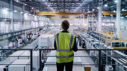 Factory worker overlooking large manufacturing facility.