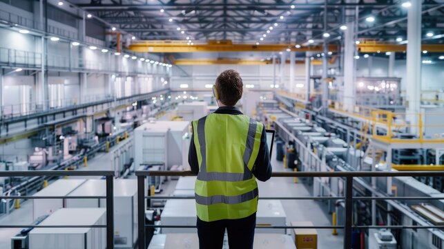 Factory worker overlooking large manufacturing facility.