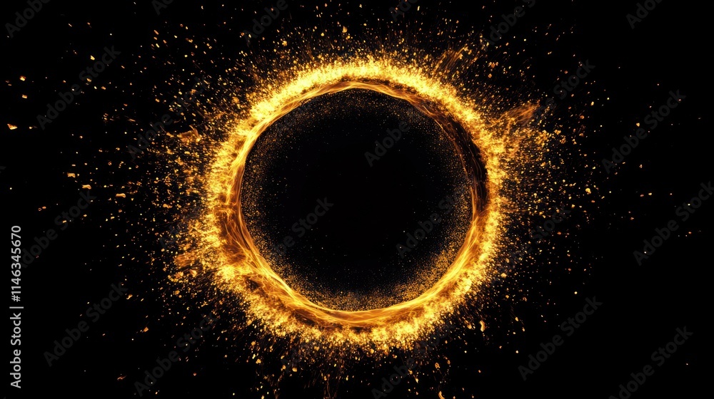 Poster a glowing golden circular design with a dark center, resembling an abstract cosmic phenomenon.