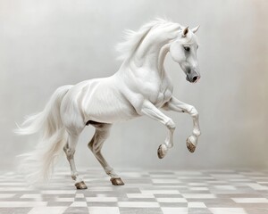 A majestic white horse rearing up with a flowing mane, its legs in the air, set against a white chessboard background.