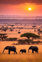 Fototapeta premium breathtaking sunrise over vast savanna landscapes filled grazing animals lush vegetation, grass, sky, horizon, nature, light, colors, clouds, wildlife