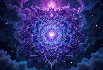 Obraz premium Esoteric crystal mandala with intricate designs and vibrant purple tones set against cosmic background