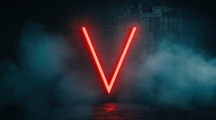 Neon Letter V in Dark Atmosphere with Smoke and Light Effects
