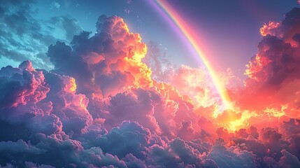 Fototapeta premium Vibrant sunset sky with a majestic rainbow arcing through fluffy clouds. Dreamy, colorful, and awe-inspiring.