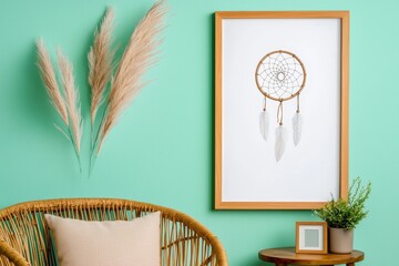 In a modern home, the living room is decorated with a trendy rattan armchair, pillow, plaid, plants, wooden cube, tropical plant, mock-up poster frame, and elegant accessories, exemplifying interior