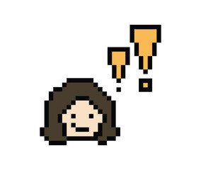 Obraz premium Cute pixel cartoon character woman lady notice with exclamation mark decoration 8 bit female girl surprise idea exclamation alert cartoon pixel game 8bit png vector.
