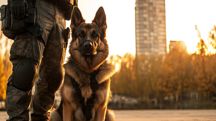 tactical German shepherd sits obediently beside soldier in uniform during golden sunset, with urban cityscape in background