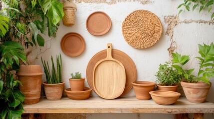 A serene arrangement of clay pots and wooden dishes set against a textured wall, complemented by lush greenery for a natural, earthy ambiance.