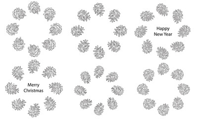 Beautiful vector round frames made of pine cones for invitation cards for merry Christmas and happy New Year. Hand drawn vector sketch illustration in doodle engraved vintage outline style