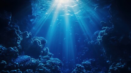 Fototapeta premium Sunlight beams penetrate clear water revealing underwater terrain and aquatic life in a vibrant marine environment