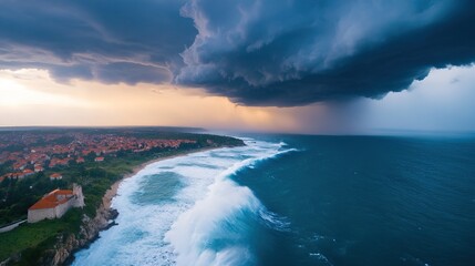 A dramatic seascape featuring dark storm clouds over crashing waves, contrasting with a coastal town under a moody sky.