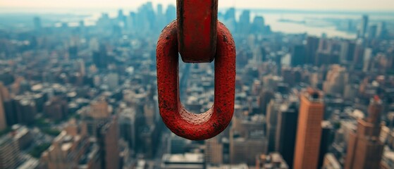 Naklejka premium A close-up of a red construction hook with a city skyline in the background, highlighting urban construction and industrial themes.
