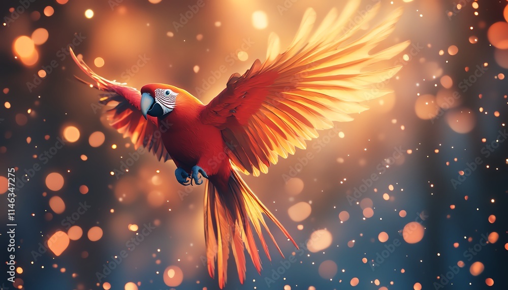 Aufkleber A vibrant parrot soaring through the sky, surrounded by colorful particles creating a dynamic and striking visual, ultrarealistic, 8K