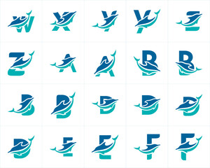 bundle set logo combination of dolphins with letters, initials, numbers, or alphabets with a blue base color for business purposes and other