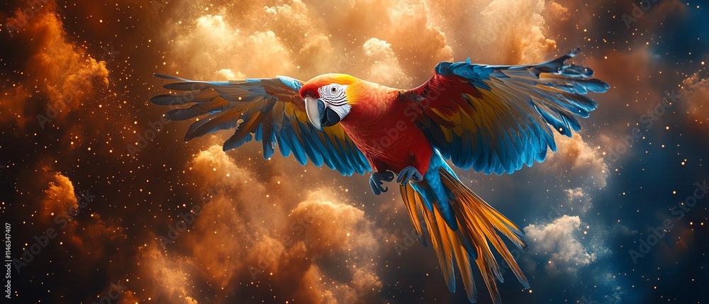 Poster A vibrant parrot soaring through a cloud of colorful particles, dynamic background with striking visual contrasts, ultradetailed, 8K