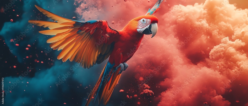 Poster a vibrant parrot soaring through a cloud of colorful particles, dynamic background with striking vis
