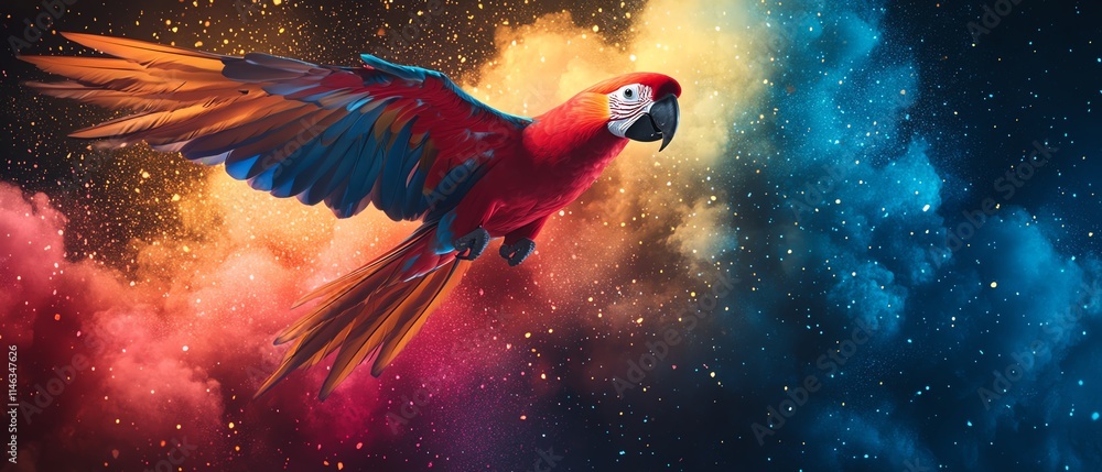 Poster A vibrant parrot soaring through a cloud of colorful particles, dynamic background with striking visual contrasts, ultradetailed, 8K