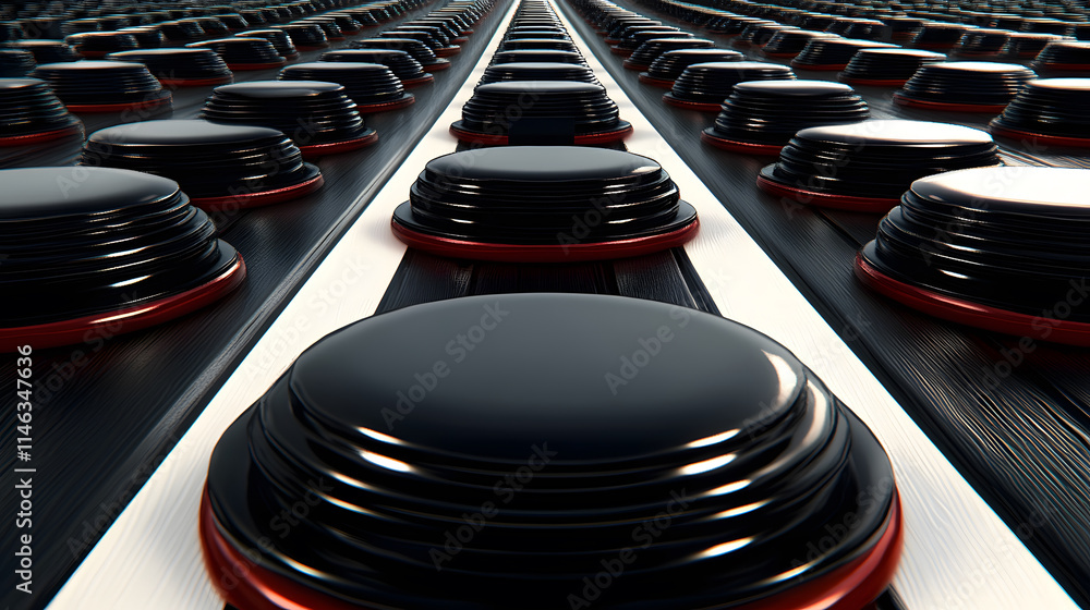 Poster a close-up view of a row of glossy black buttons with red edges, creating a striking visual pattern 