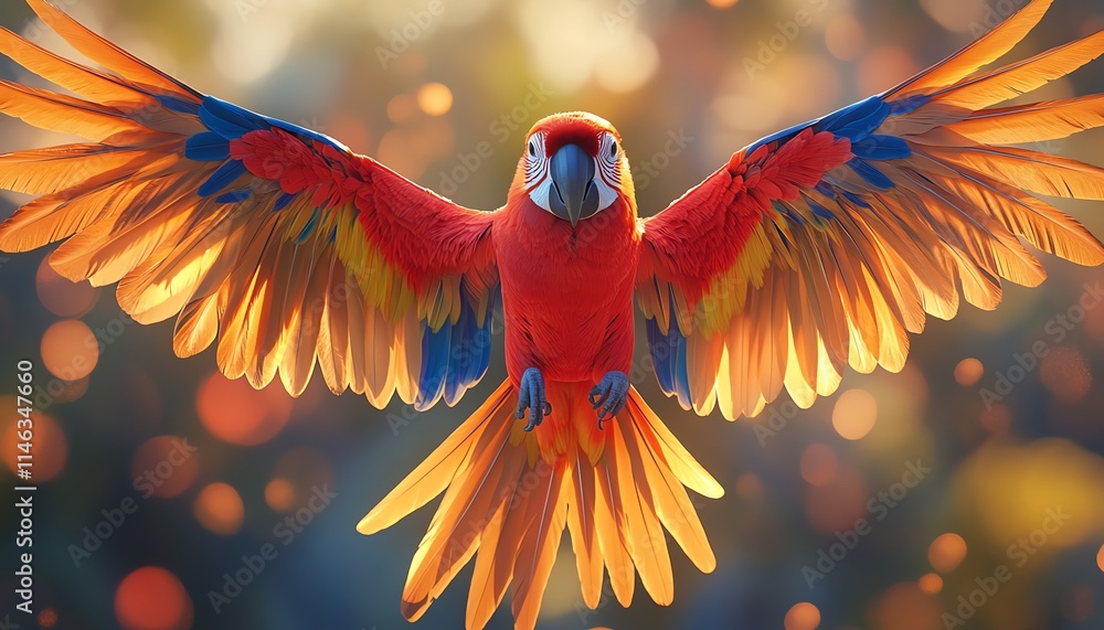 Poster A vibrant parrot soaring through the sky, surrounded by colorful particles creating a dynamic and striking visual, ultrarealistic, 8K