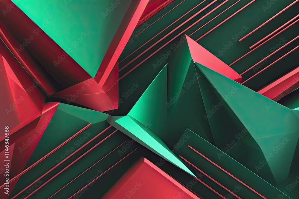 Poster vibrant emerald gradient background with red lines and geometric polygon shapes